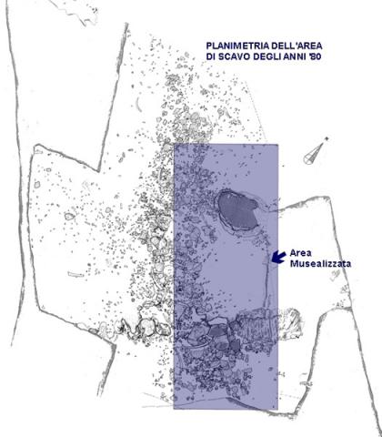 Planimetria dell’area di scavo, in evidenza l’area oggi musealizzata