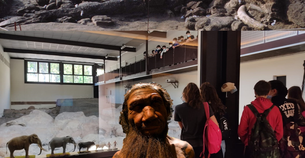 Il giacimento in corso di scavo, prima della sua musealizzazione, ed il Museo visitato da studenti con un uomo di Neanderthal che fa “capolino”