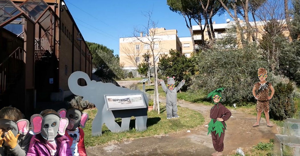  Bambini travestiti da animali, piante e uomini preistorici giocano nel giardino Pleistocenico del Museo. 