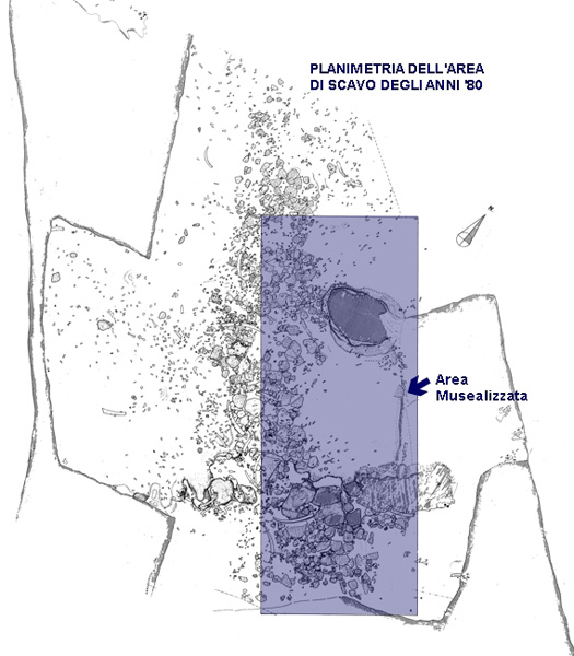 Planimetria dell’area di scavo, in evidenza l’area oggi musealizzata